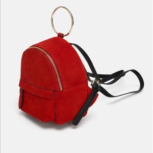 NWOT Zara Mini Suede Backpack Gold Ring, Rust Blk